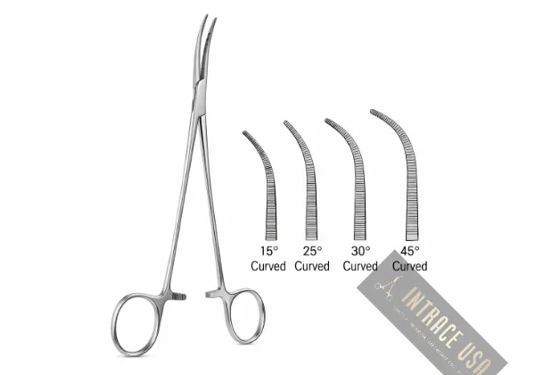 Kelly Hemostatic Forceps - Stainless Steel Surgical Clamping Tool in 45, 30, 25, and 15 Degree Curves - Intrace USA