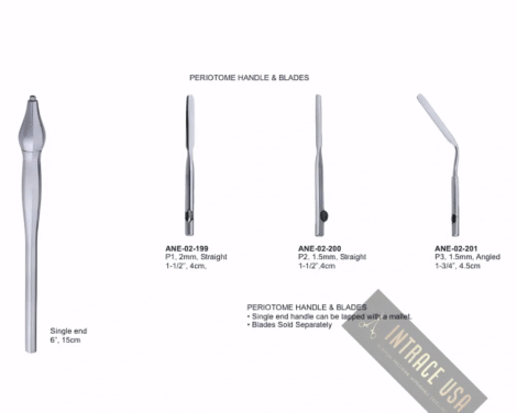 Periotome Handle & Blades P3, 1.5mm, Angled 1-3/4”, 4.5cm