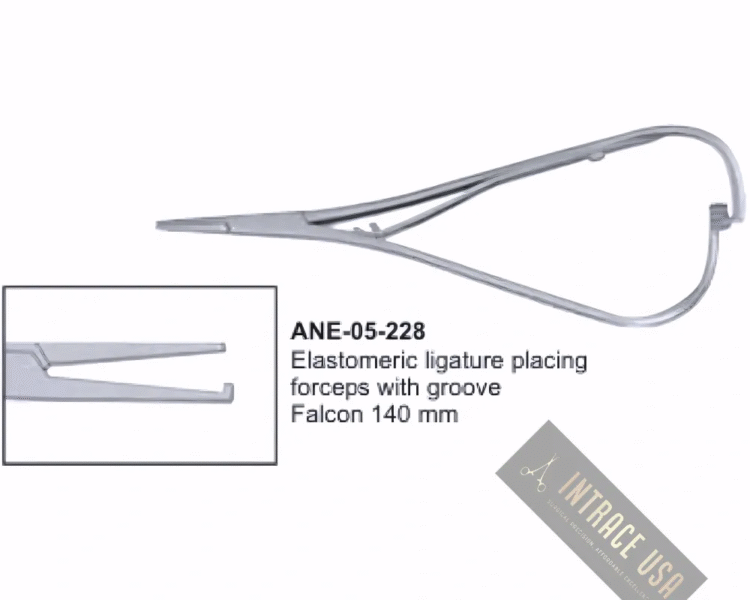 Elastomeric ligature placing forceps with groove Falcon 140 mm