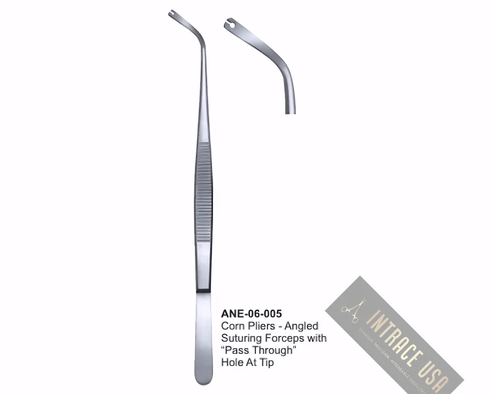Corn Pliers - Angled Suturing Forceps with “Pass Through” Hole At Tip
