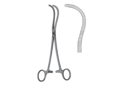 Guyon Kidney Pedicle Clamp with curved atraumatic jaws, shown with a jaw serration detail