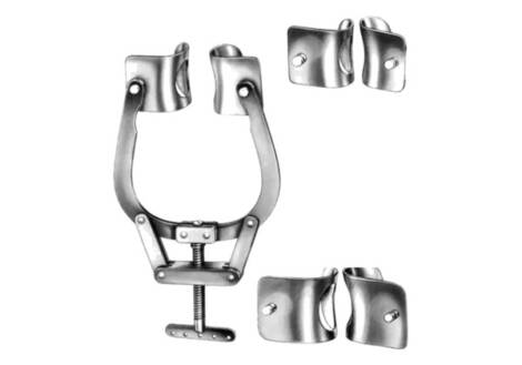 Mercedes rib spreader, screw action with T-bar handle, shown with both replacement blade pairs