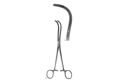 Stille Kidney Pedicle Clamp, 23 cm, with a long curved serrated jaw detail