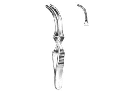 Atrauma bulldog clamp for artery with cross-action body and curved atraumatic jaw, shown with jaw detail