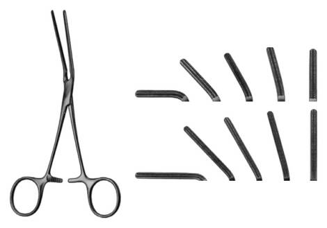 Dardik multi-purpose vascular clamp with ratcheted ring handle, shown with all ten jaw options from straight to 90 degrees in two lengths