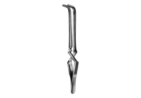 Gregory-Soft atrauma bulldog carotid clamp with cross-action shanks and angled soft atraumatic jaws