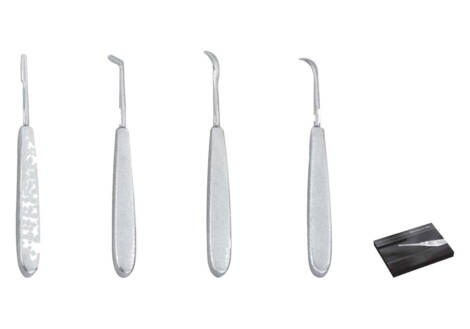 Chompret Syndesmotome Root Elevator Set, 4 Pieces with sterilization cassette