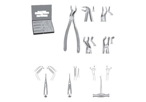 Extracting Forceps & Root Elevator Set, 9 Pieces with sterilization cassette
