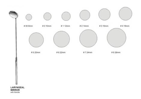 Laryngeal Mirrors and Handles, Plain - stainless steel instrument in sizes 8mm to 26mm (Fig. 00-8)